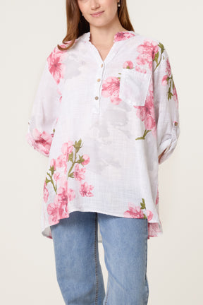Floral Sequin Pocket Roll Sleeve Blouse