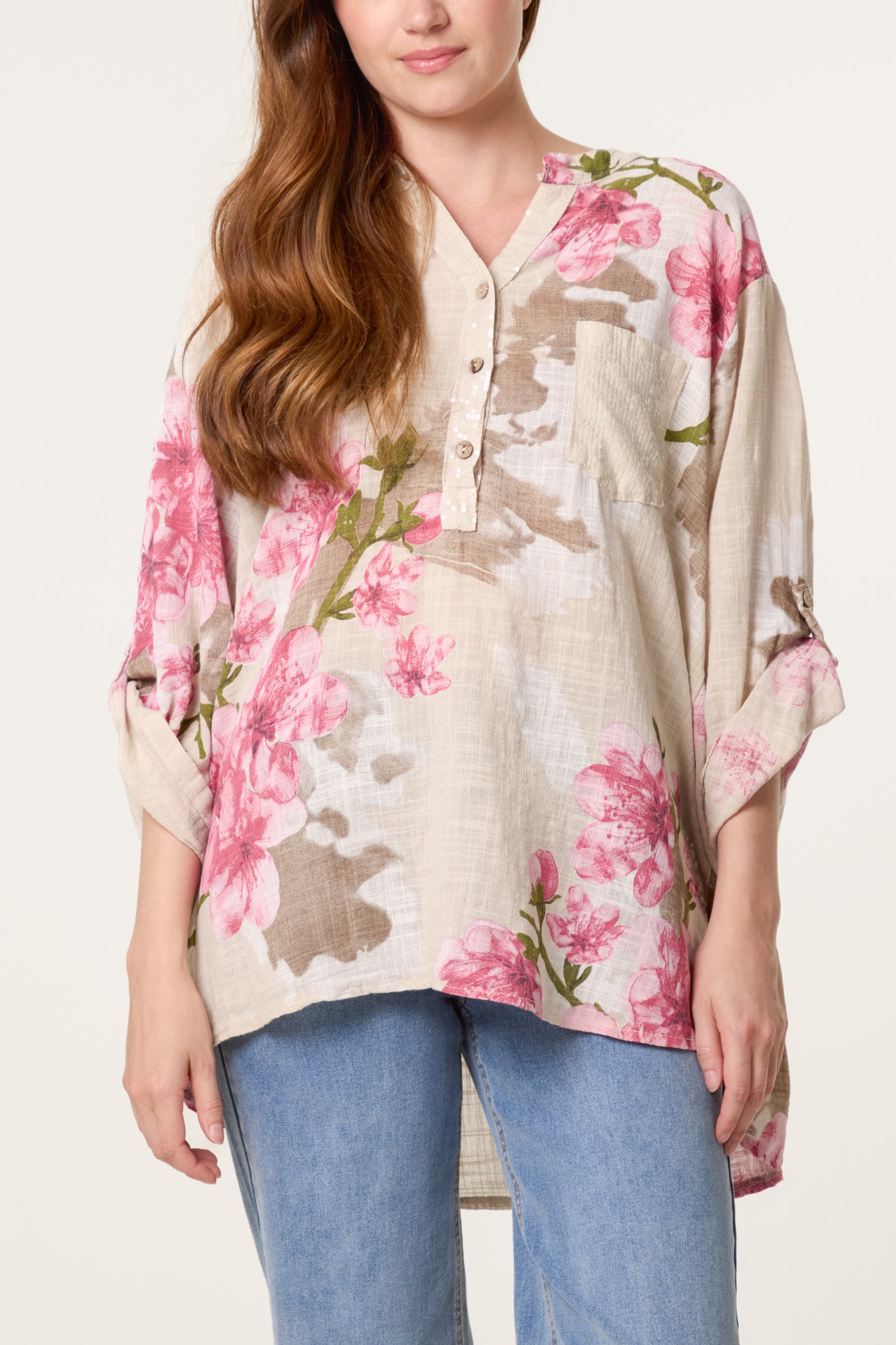 Floral Sequin Pocket Roll Sleeve Blouse