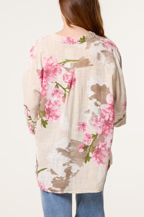 Floral Sequin Pocket Roll Sleeve Blouse