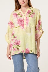Floral Sequin Pocket Roll Sleeve Blouse