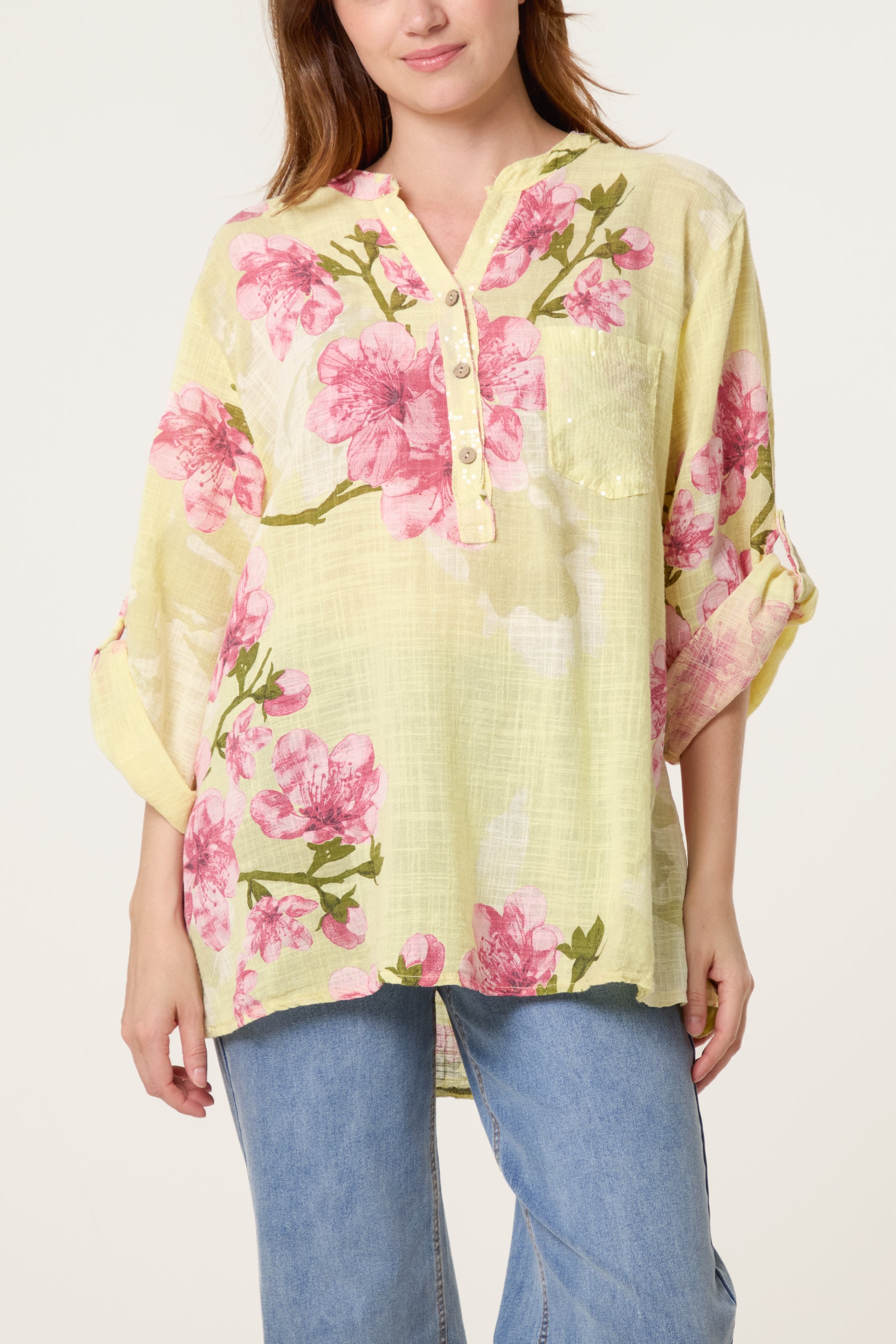 Floral Sequin Pocket Roll Sleeve Blouse