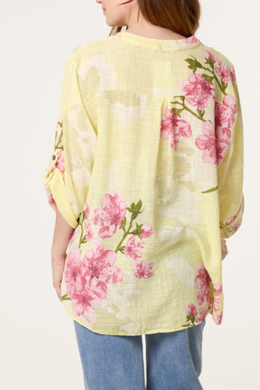 Floral Sequin Pocket Roll Sleeve Blouse
