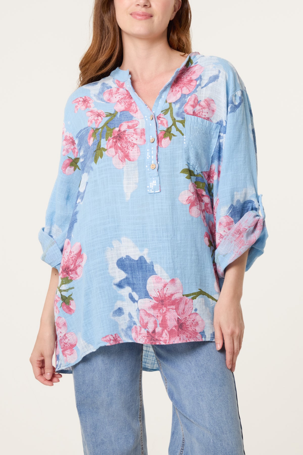 Floral Sequin Pocket Roll Sleeve Blouse