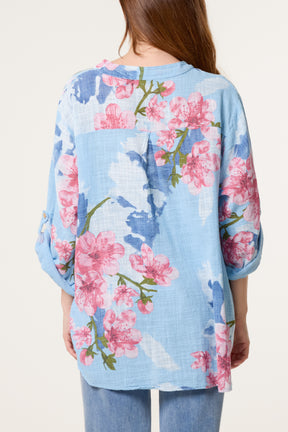 Floral Sequin Pocket Roll Sleeve Blouse