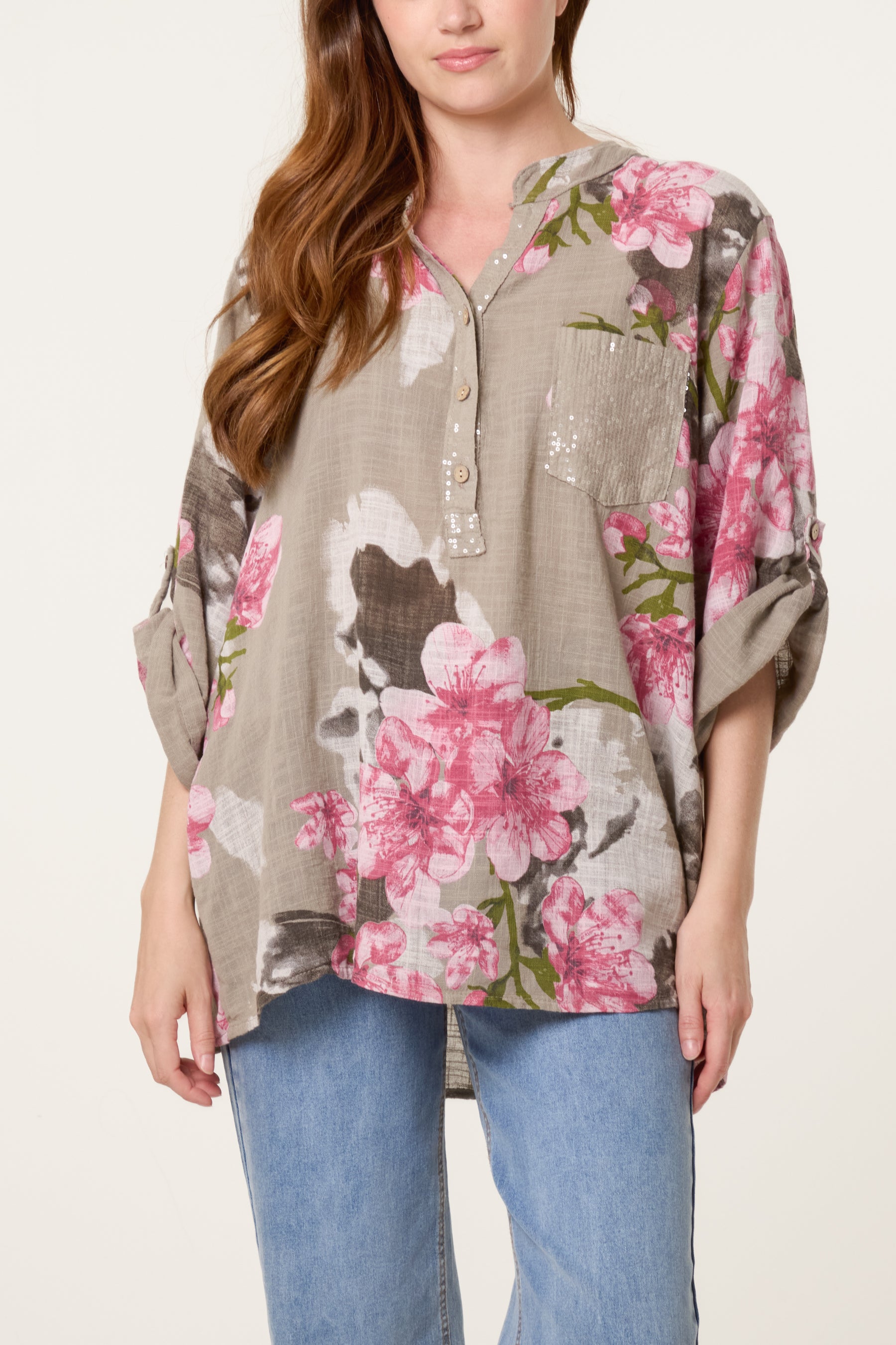 Floral Sequin Pocket Roll Sleeve Blouse
