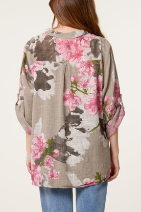 Floral Sequin Pocket Roll Sleeve Blouse