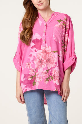 Floral Sequin Pocket Roll Sleeve Blouse