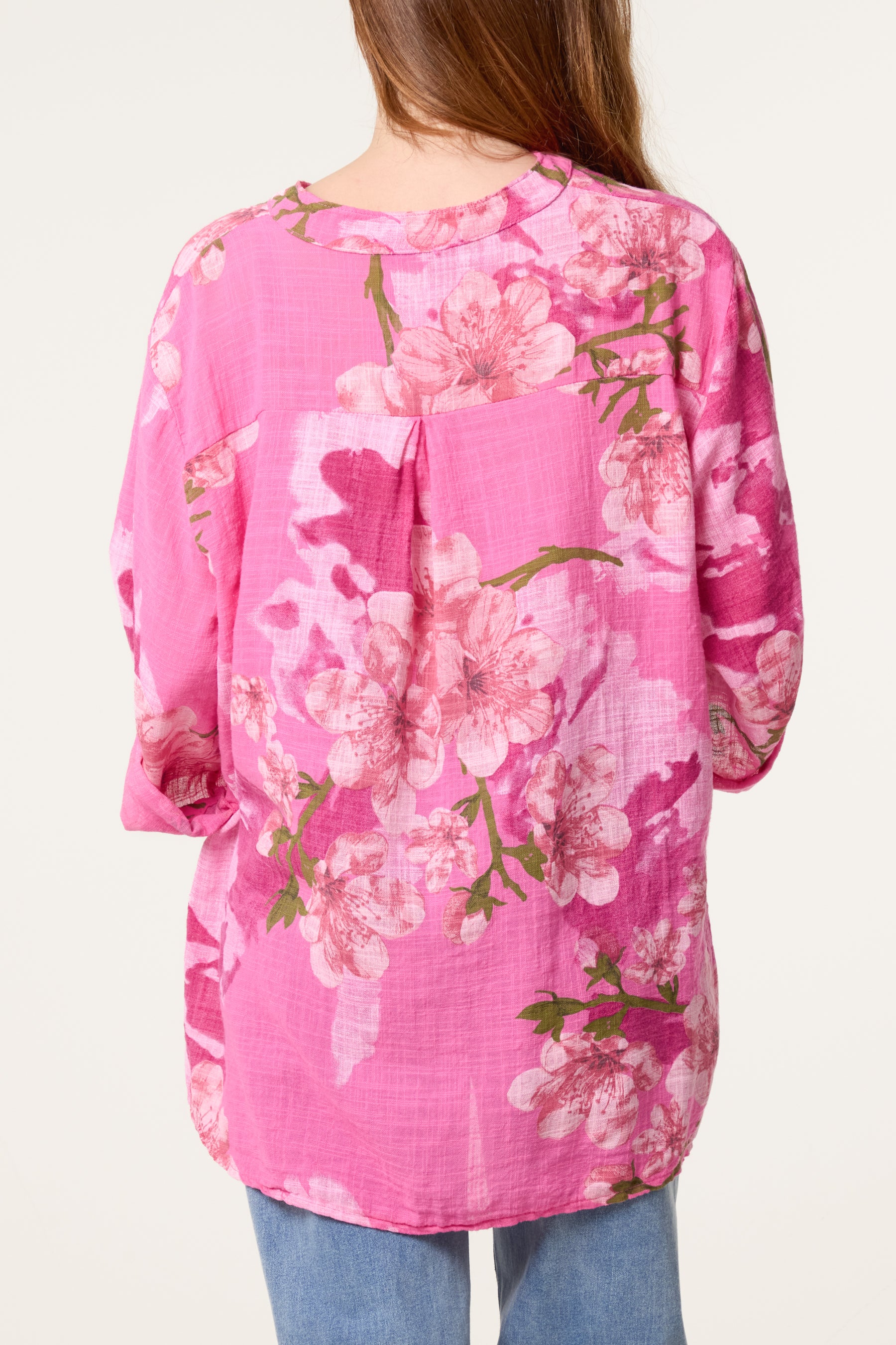 Floral Sequin Pocket Roll Sleeve Blouse
