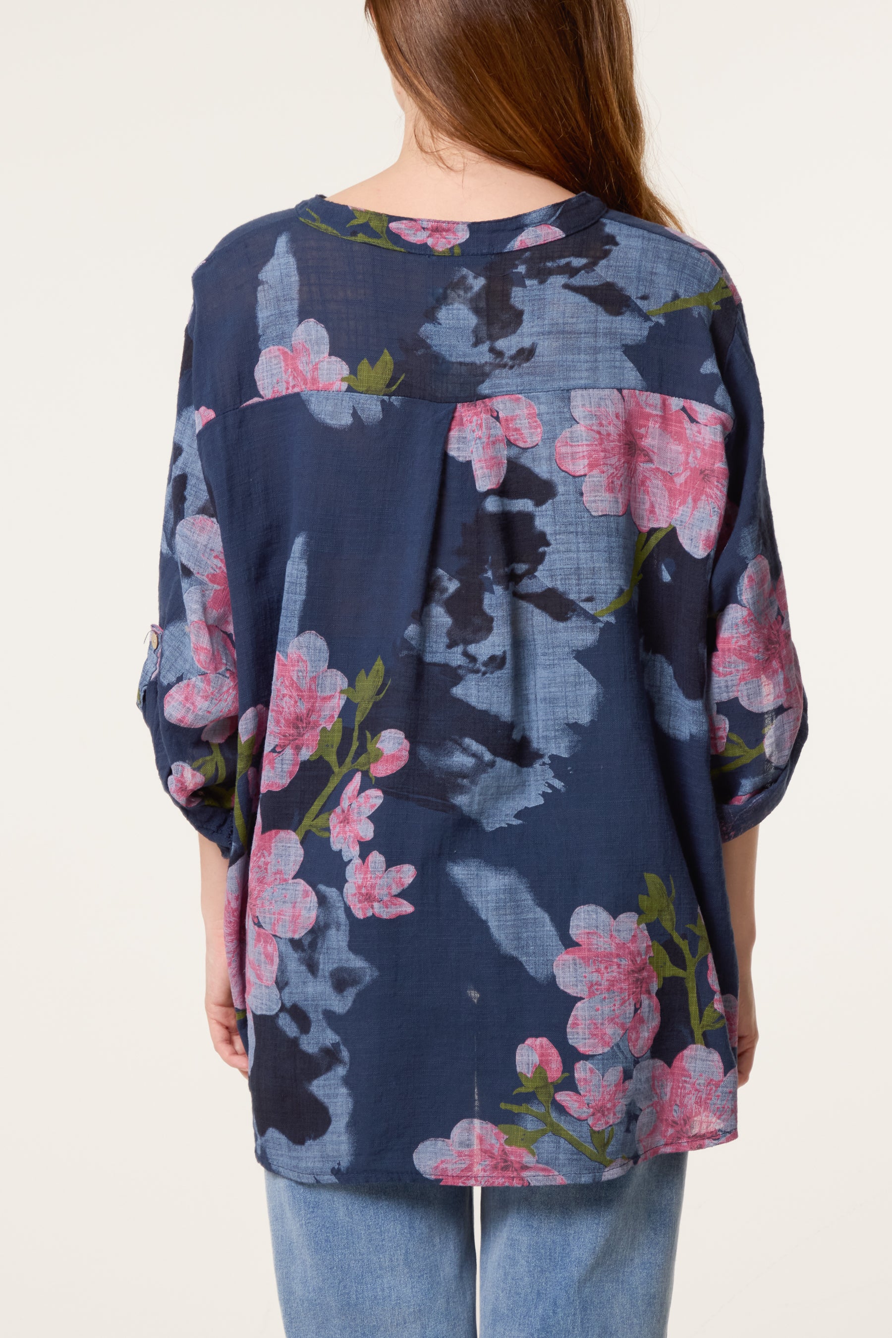 Floral Sequin Pocket Roll Sleeve Blouse