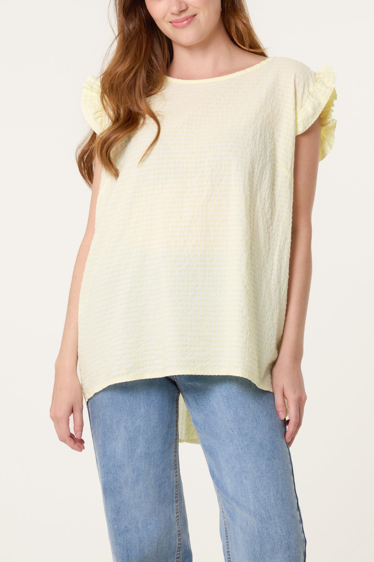 Gingham Frill Sleeve Back Button Top