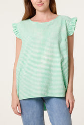 Gingham Frill Sleeve Back Button Top
