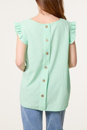 Gingham Frill Sleeve Back Button Top