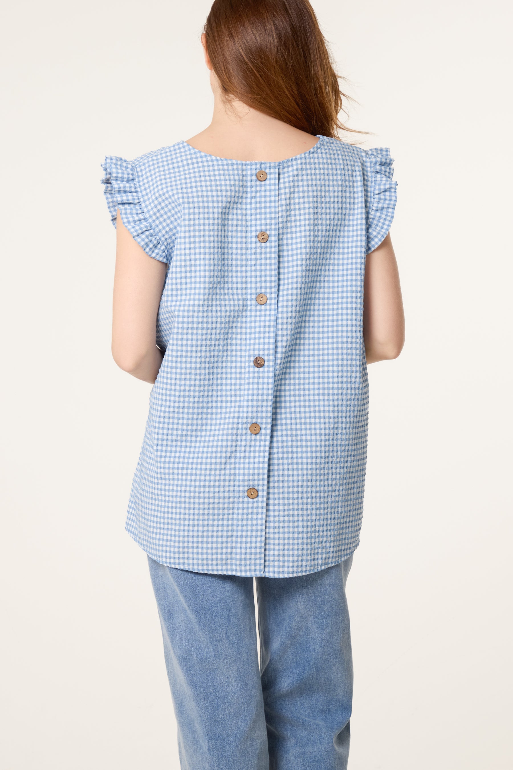 Gingham Frill Sleeve Back Button Top