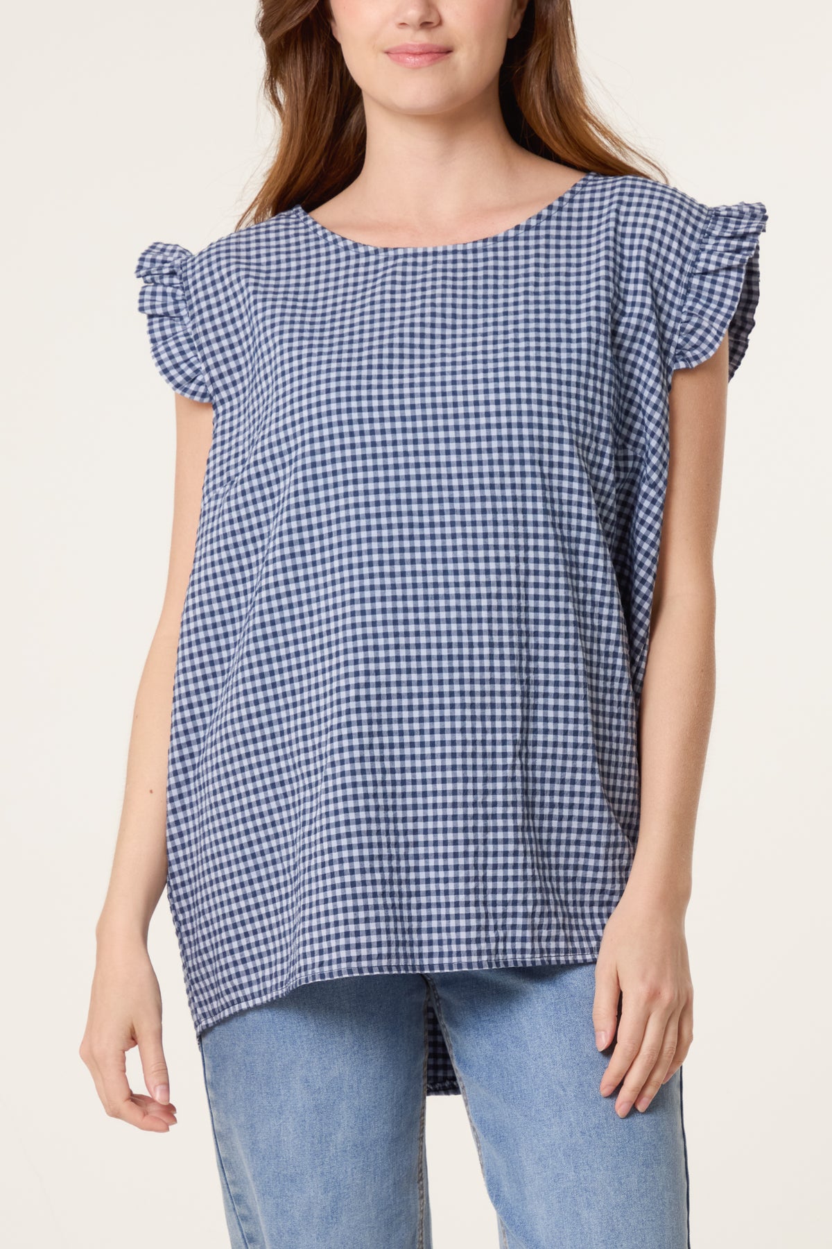 Gingham Frill Sleeve Back Button Top