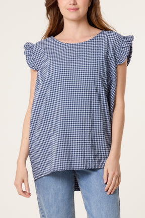Gingham Frill Sleeve Back Button Top