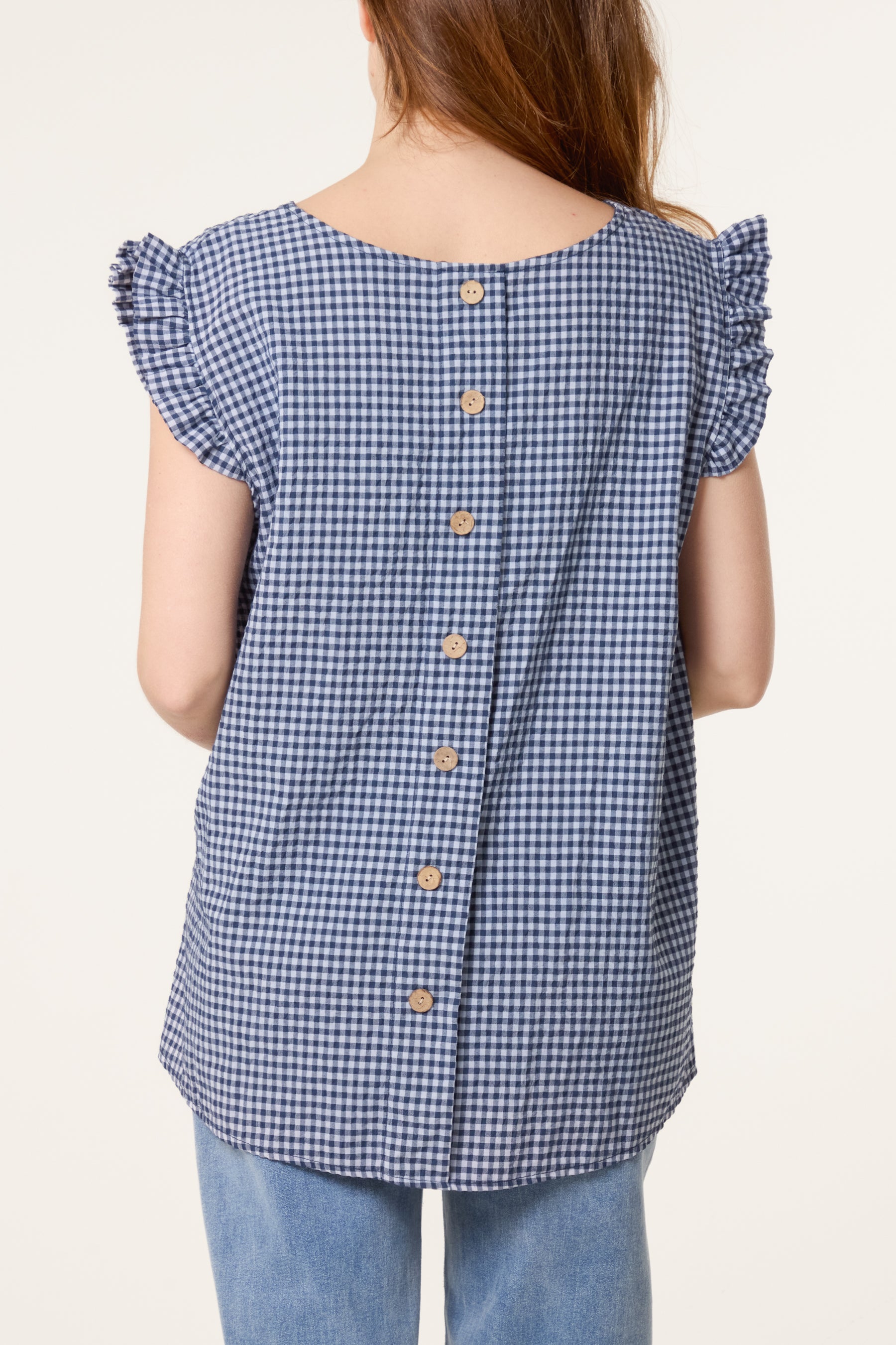 Gingham Frill Sleeve Back Button Top