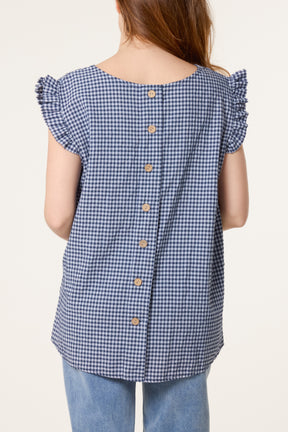 Gingham Frill Sleeve Back Button Top