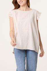 Gingham Frill Sleeve Back Button Top