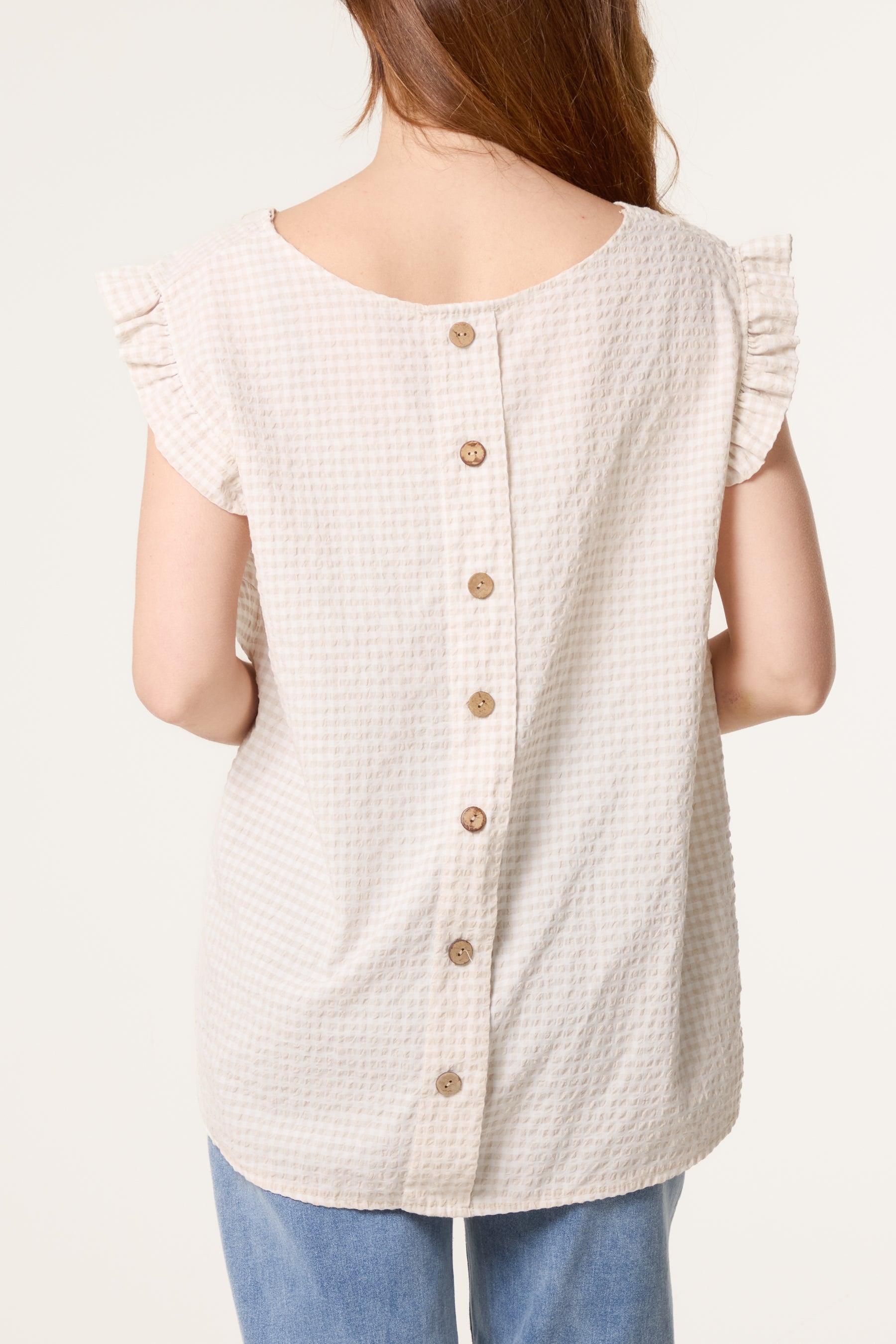 Gingham Frill Sleeve Back Button Top