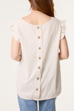 Gingham Frill Sleeve Back Button Top