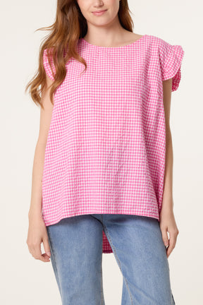 Gingham Frill Sleeve Back Button Top