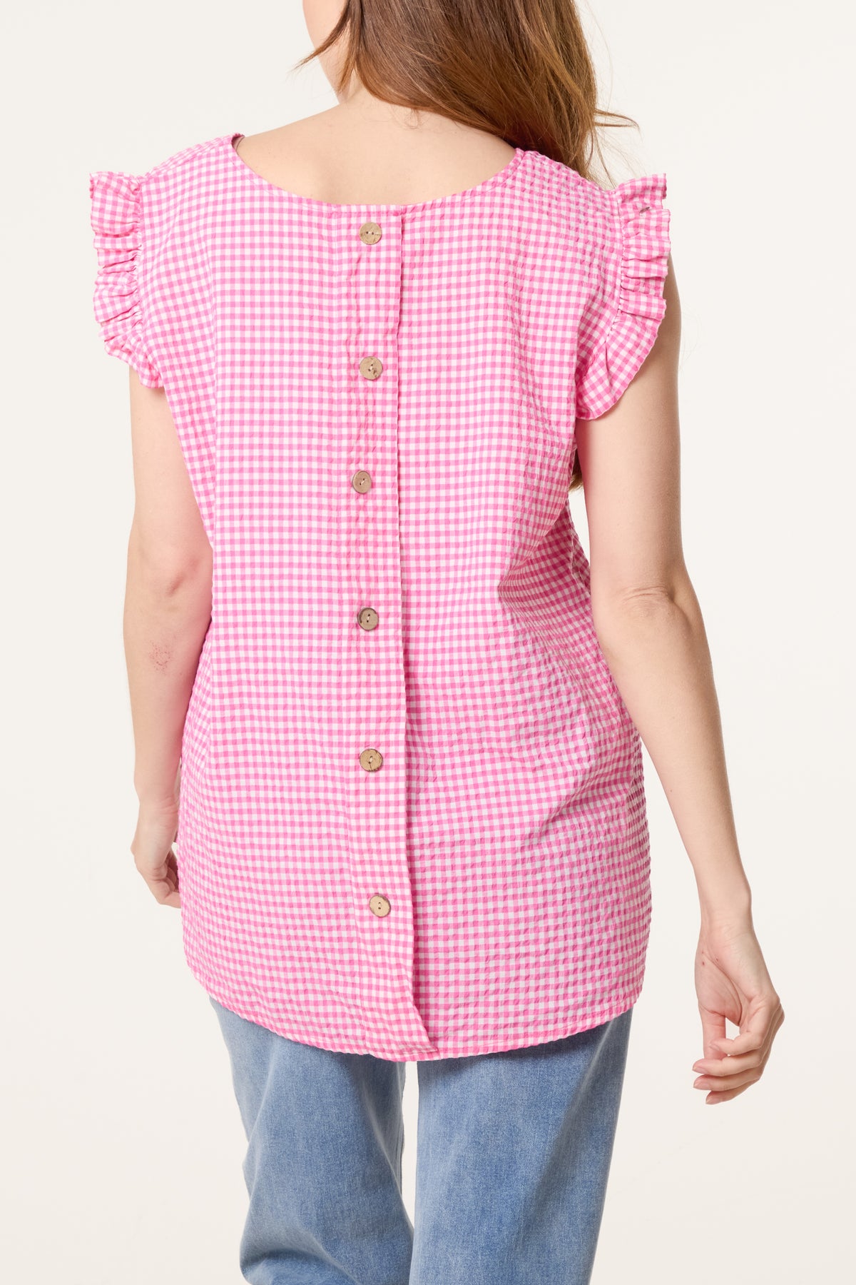 Gingham Frill Sleeve Back Button Top