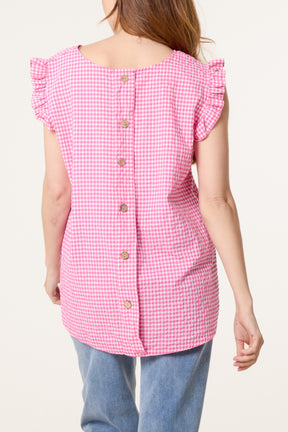 Gingham Frill Sleeve Back Button Top