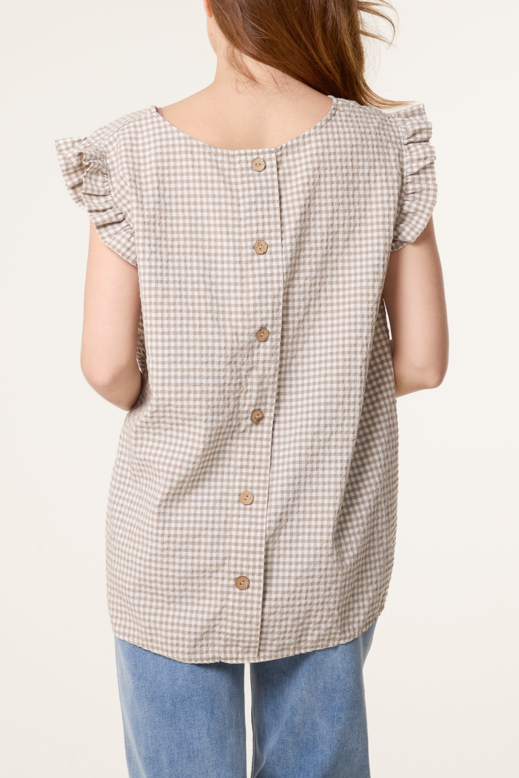 Gingham Frill Sleeve Back Button Top