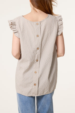 Gingham Frill Sleeve Back Button Top