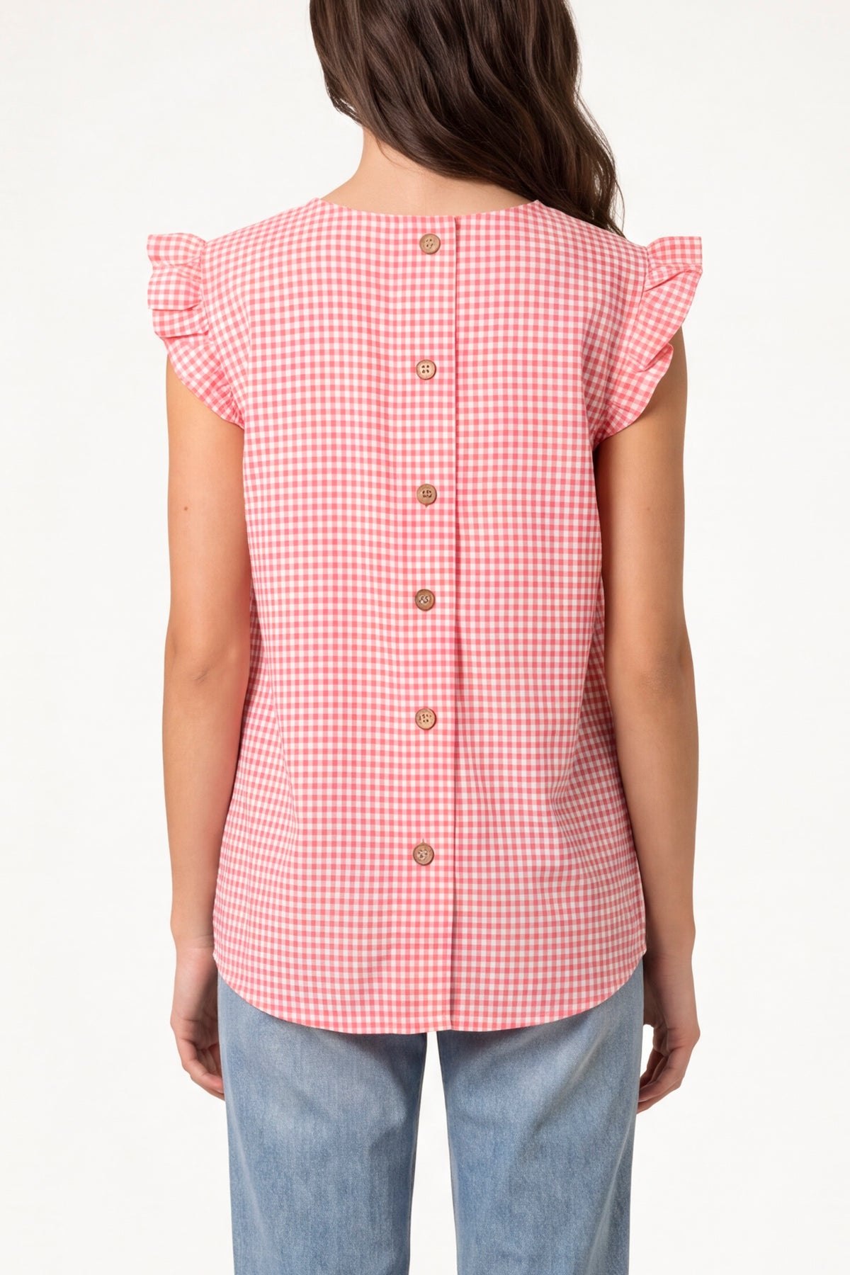 Gingham Frill Sleeve Back Button Top