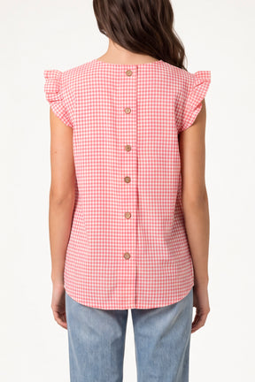 Gingham Frill Sleeve Back Button Top