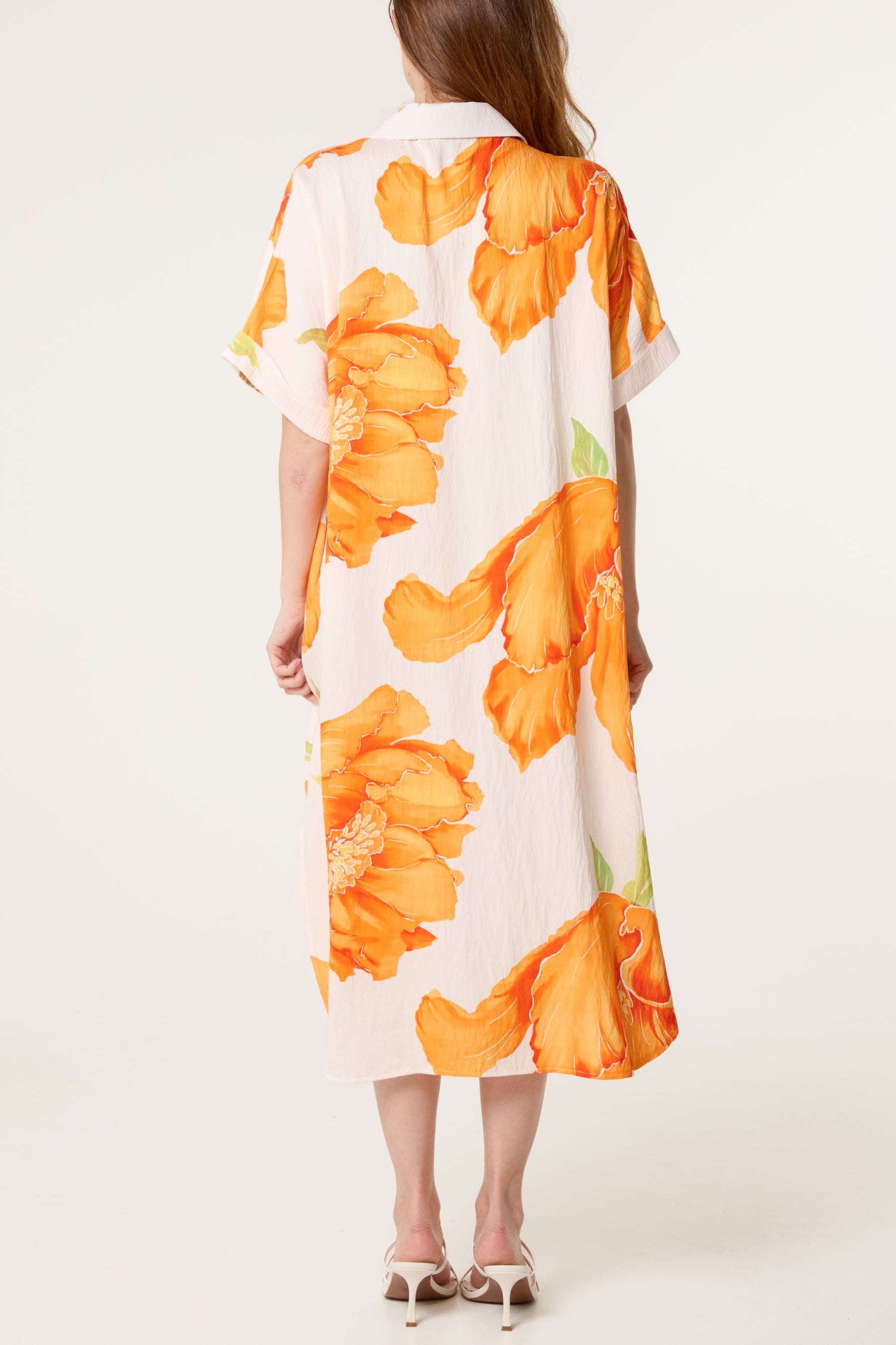 Bold Flower Collar Pockets Midi Dress