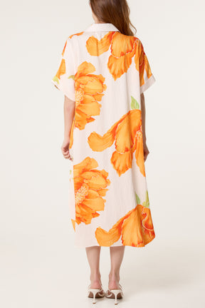 Bold Flower Collar Pockets Midi Dress