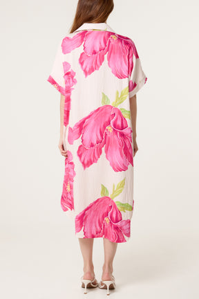 Bold Flower Collar Pockets Midi Dress