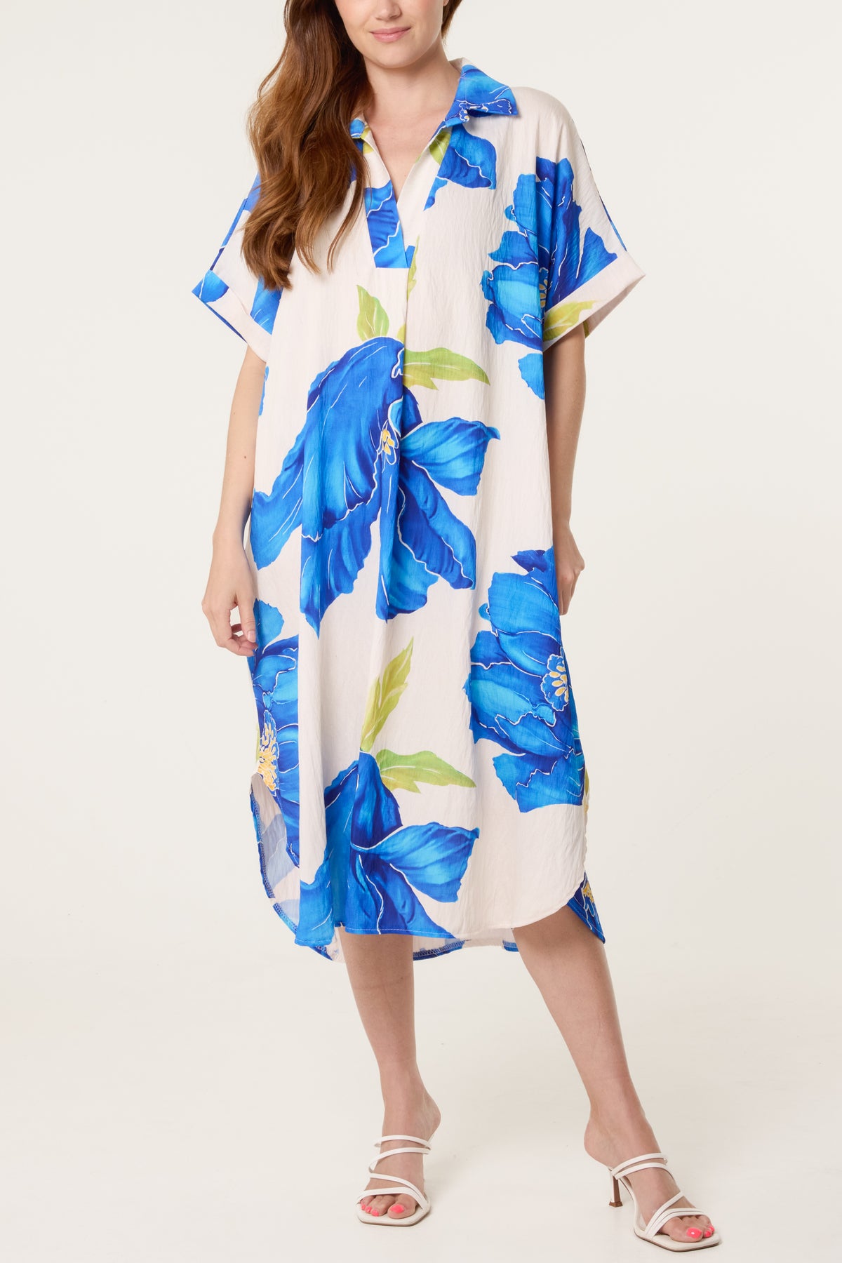 Bold Flower Collar Pockets Midi Dress