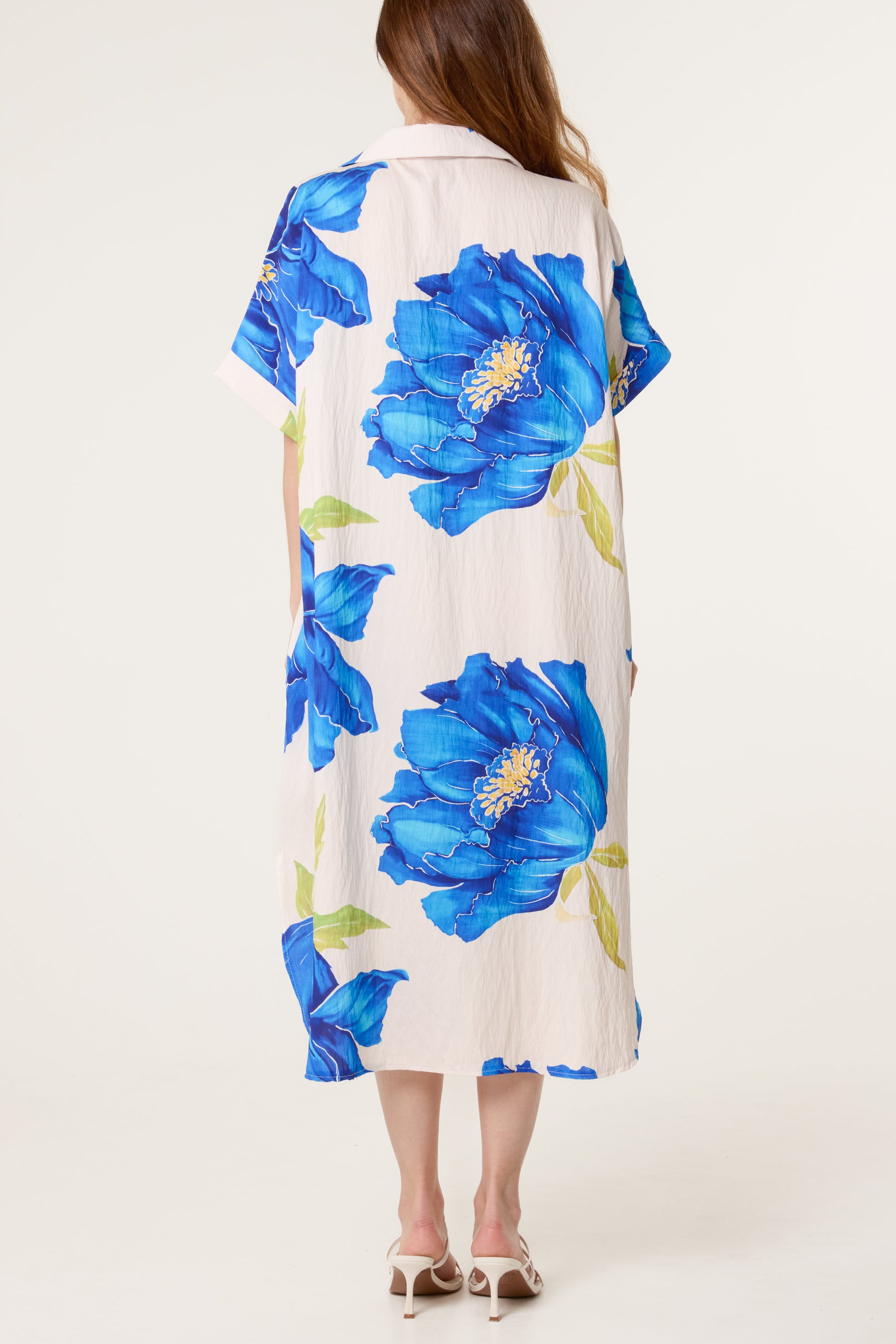 Bold Flower Collar Pockets Midi Dress