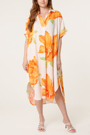 Bold Flower Collar Pockets Midi Dress