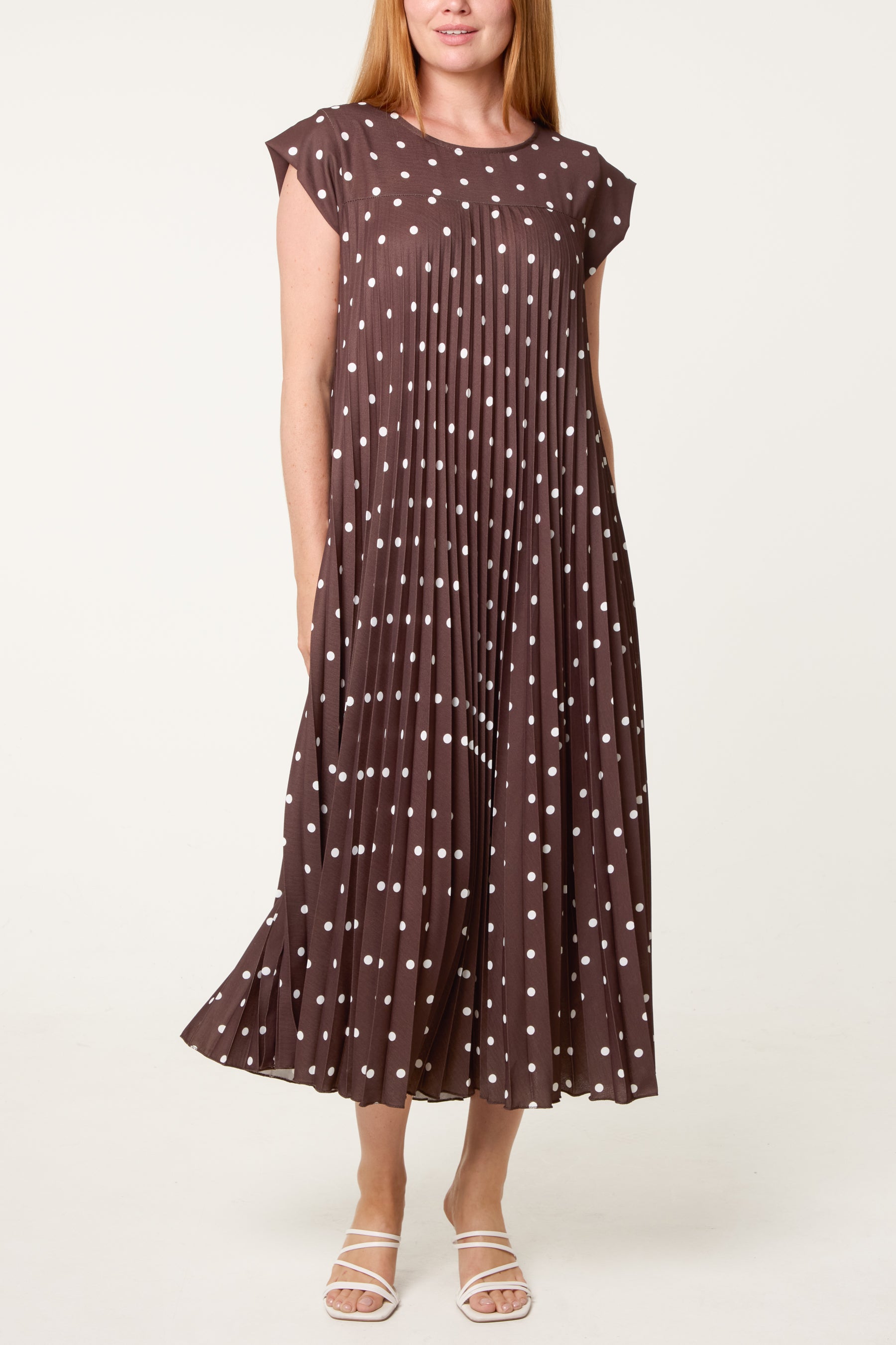 Polka Dot Cap Sleeve Pleated Dress