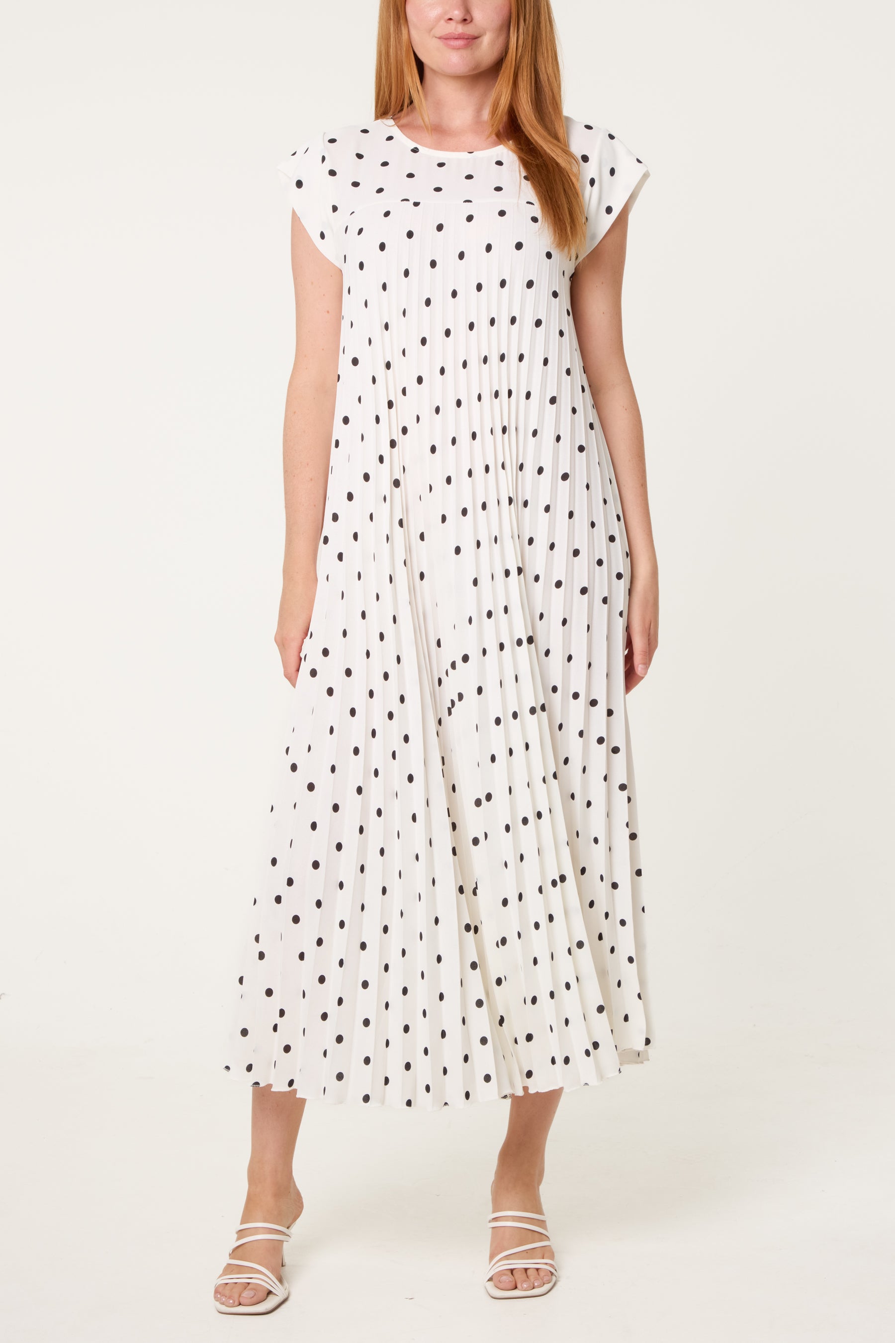 Polka Dot Cap Sleeve Pleated Dress