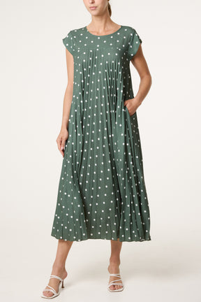 Polka Dot Cap Sleeve Pleated Dress