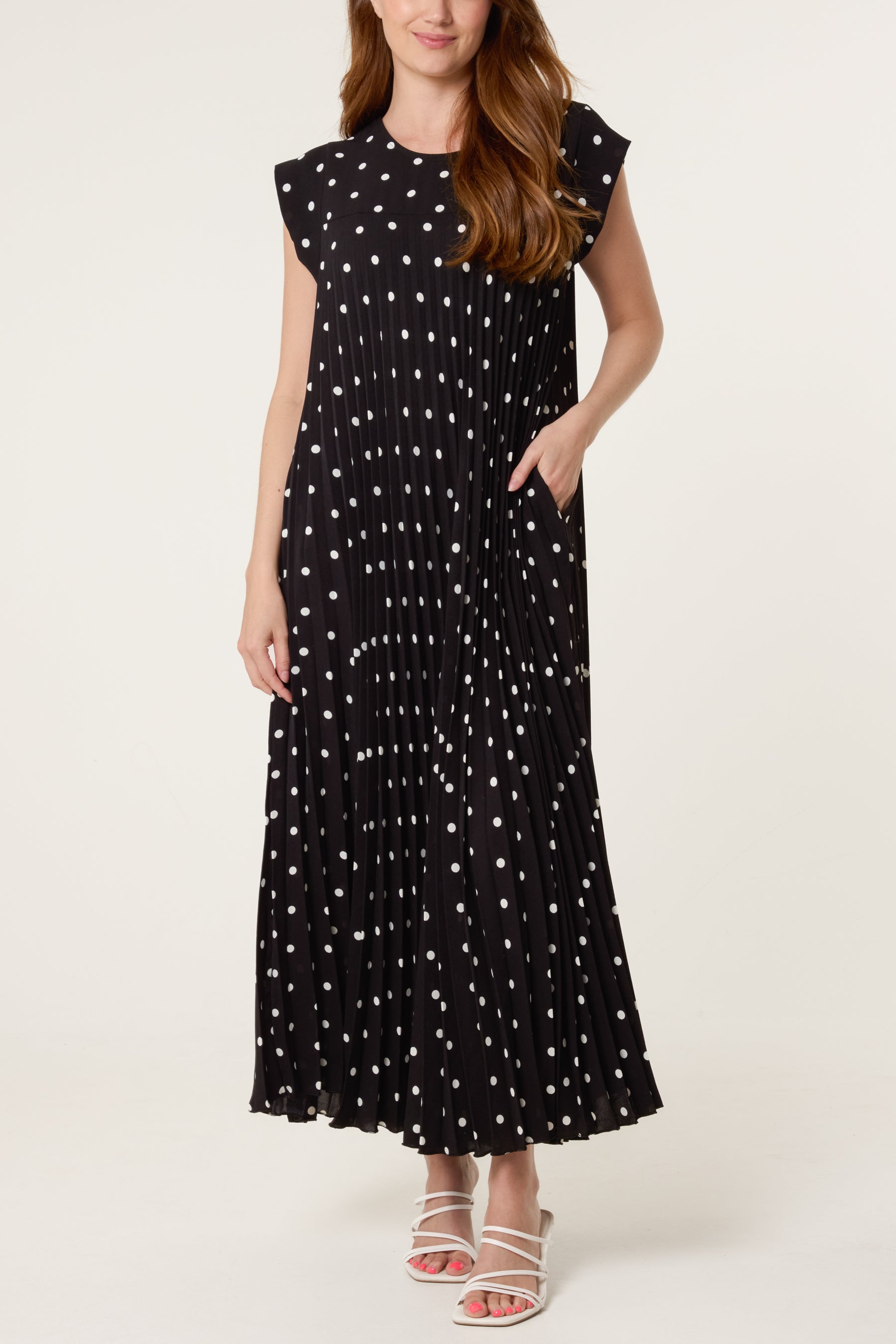 Polka Dot Cap Sleeve Pleated Dress