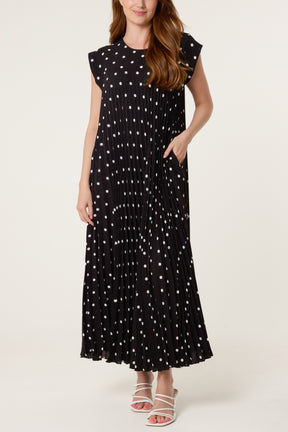 Polka Dot Cap Sleeve Pleated Dress