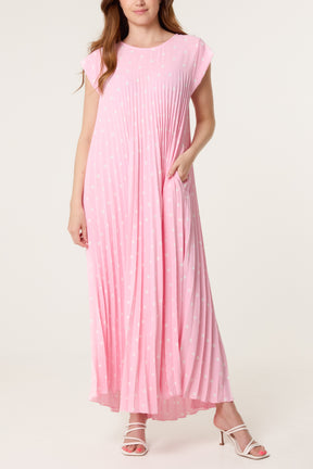 Polka Dot Cap Sleeve Pleated Dress