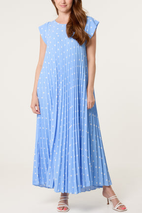 Polka Dot Cap Sleeve Pleated Dress