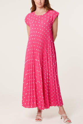 Polka Dot Cap Sleeve Pleated Dress