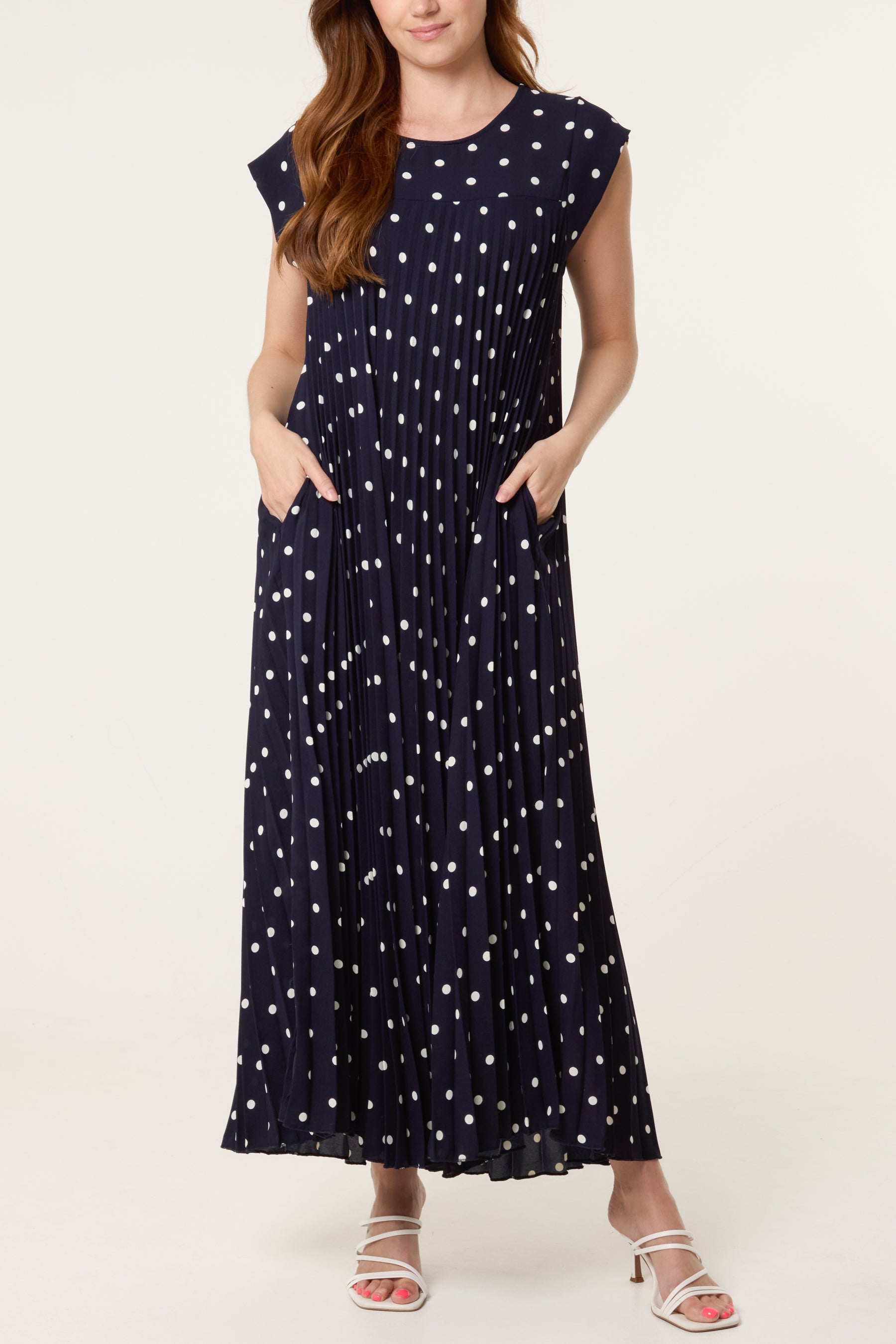 Polka Dot Cap Sleeve Pleated Dress