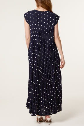 Polka Dot Cap Sleeve Pleated Dress