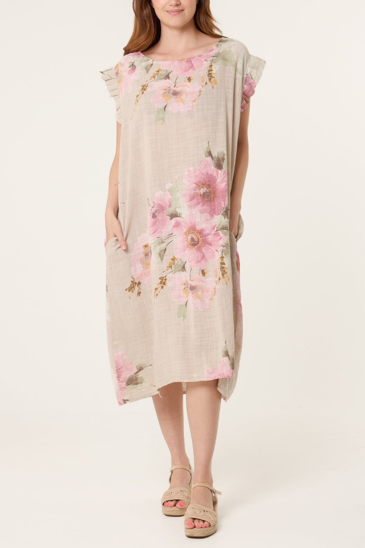 Floral Frill Sleeve Cotton Dress