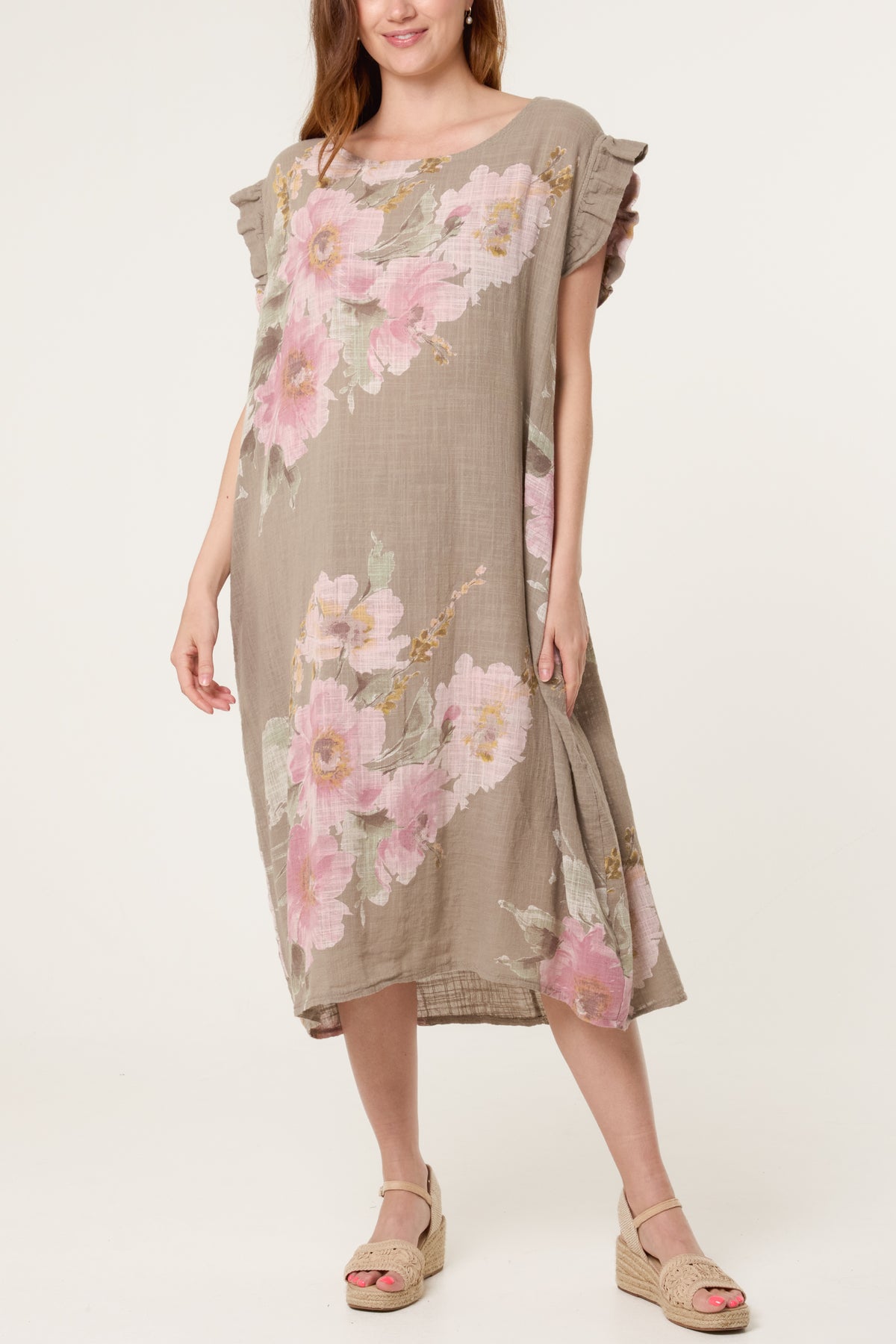 Floral Frill Sleeve Cotton Dress