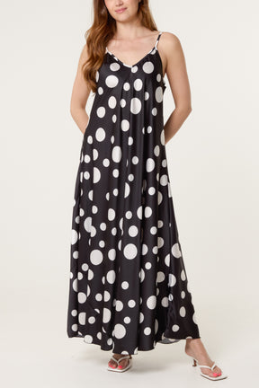 Polka Dot Satin Cami Maxi Dress